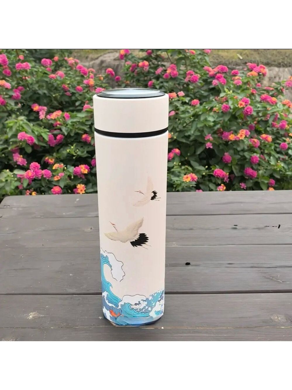 NEW 16 oz White Stainless Steel Insulated Thermos Flask - Asian Crane Design